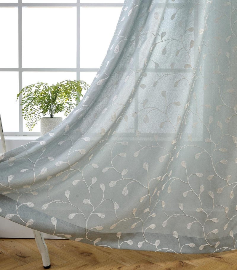 MIUCO Floral Embroidery Semi Sheer Curtains Faux Linen Grommet Curtains for Living Room 52 x 84 Inch 2 Panels Set, Sea Foam - Image 1